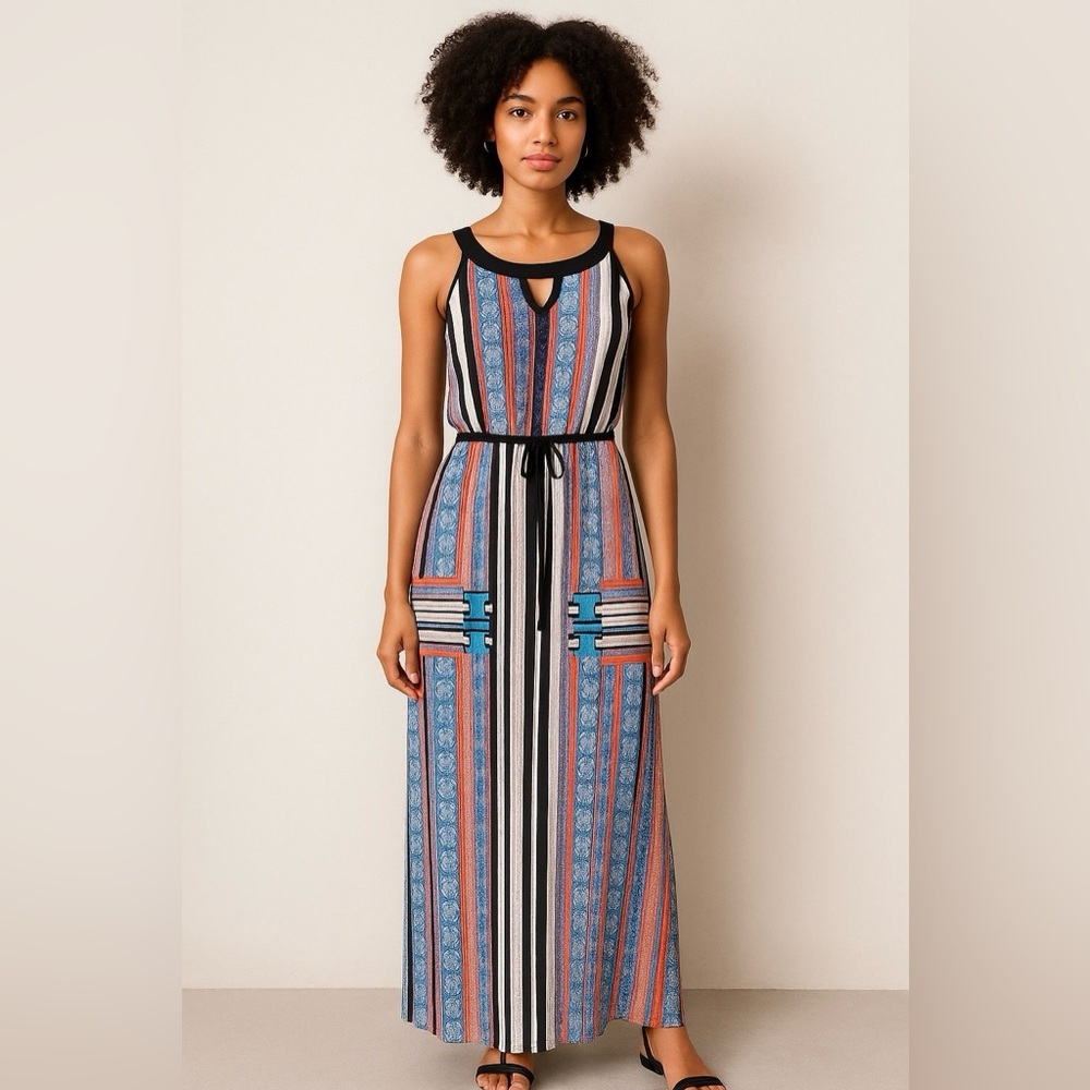 NY Collections | Macys Colorful Stripes & Boho Pattern Sleeves Maxi Dress